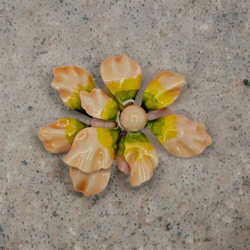 Vintage Enamel Two Flower Brooch  Peach Orange Yellow Green Floral Pin Estate